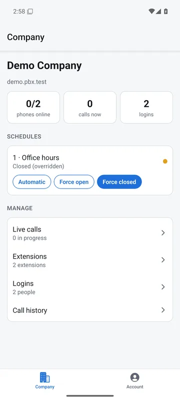 The 4voice Admin schedule card: Office hours, Closed (overridden), with Automatic, Force open and Force closed buttons, and a Manage list of live calls, extensions, logins and call history