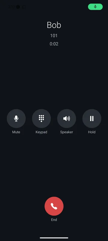 The same call answered: Bob, extension 101, a running timer, and Mute, Keypad, Speaker and Hold buttons
