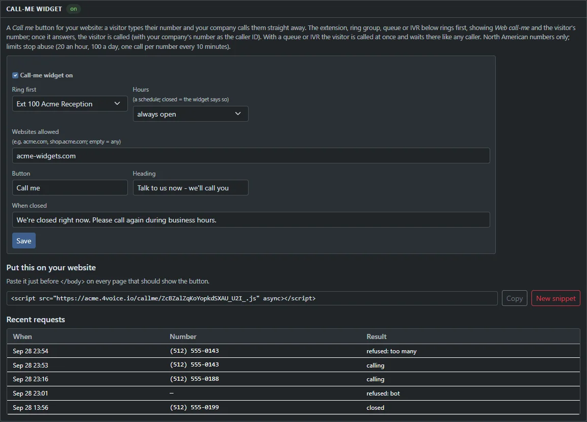 The call-me widget settings: who rings first, the hours, the websites allowed, the button and heading words and the closed message, then the script tag to paste and a table of recent requests with their results.