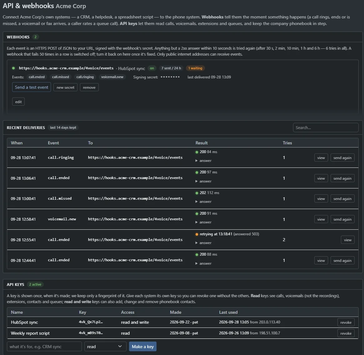 The API and webhooks settings page. A webhook with the events call.ended, call.missed, call.ringing and voicemail.new and a Send a test event button; a list of recent deliveries with their results, send again buttons and a retry in progress; and a table of API keys with their access and last use.