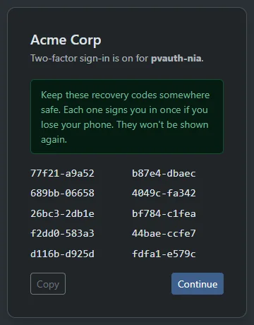 Ten recovery codes shown once after two-factor is switched on, with a Copy button and the advice to keep them somewhere safe because each signs you in once.