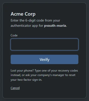 The sign-in code step: enter the 6-digit code from your authenticator app, a Verify button, and a note that a recovery code or a manager reset covers a lost phone.