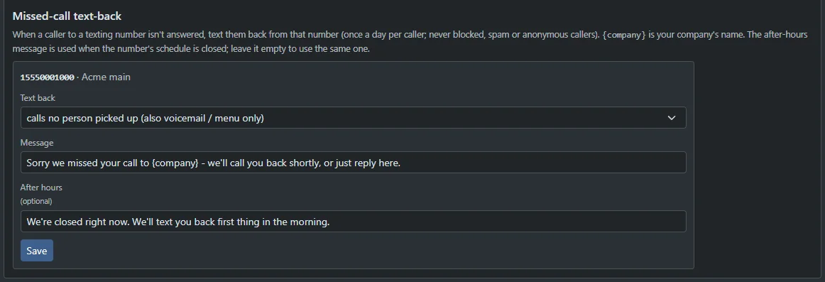 Missed-call text-back settings for one number: when to text back, the message with the company name filled in, and an optional after-hours message.
