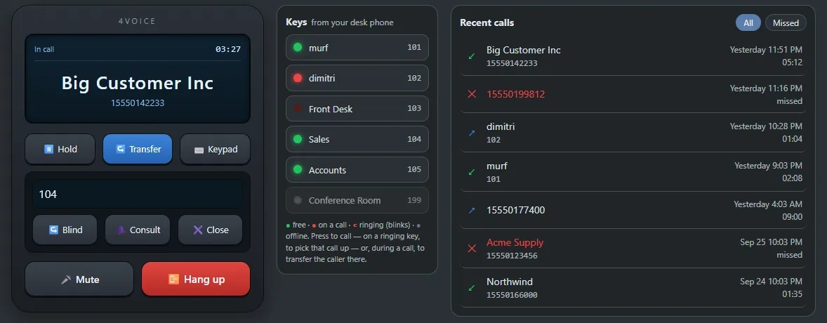 Browser phone in a call with Big Customer Inc, transfer panel open, busy-lamp keys and recent calls beside it