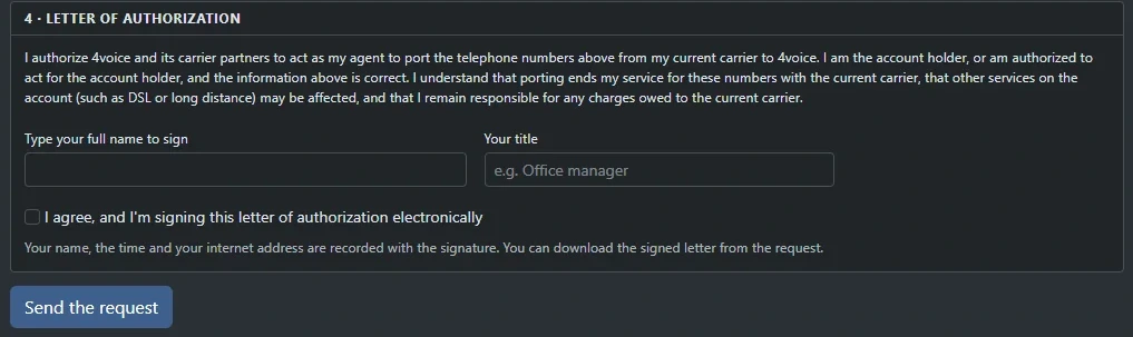 The signing step of a porting request: type your full name to sign the letter of authorization, add your title, tick to agree, and press Send the request.