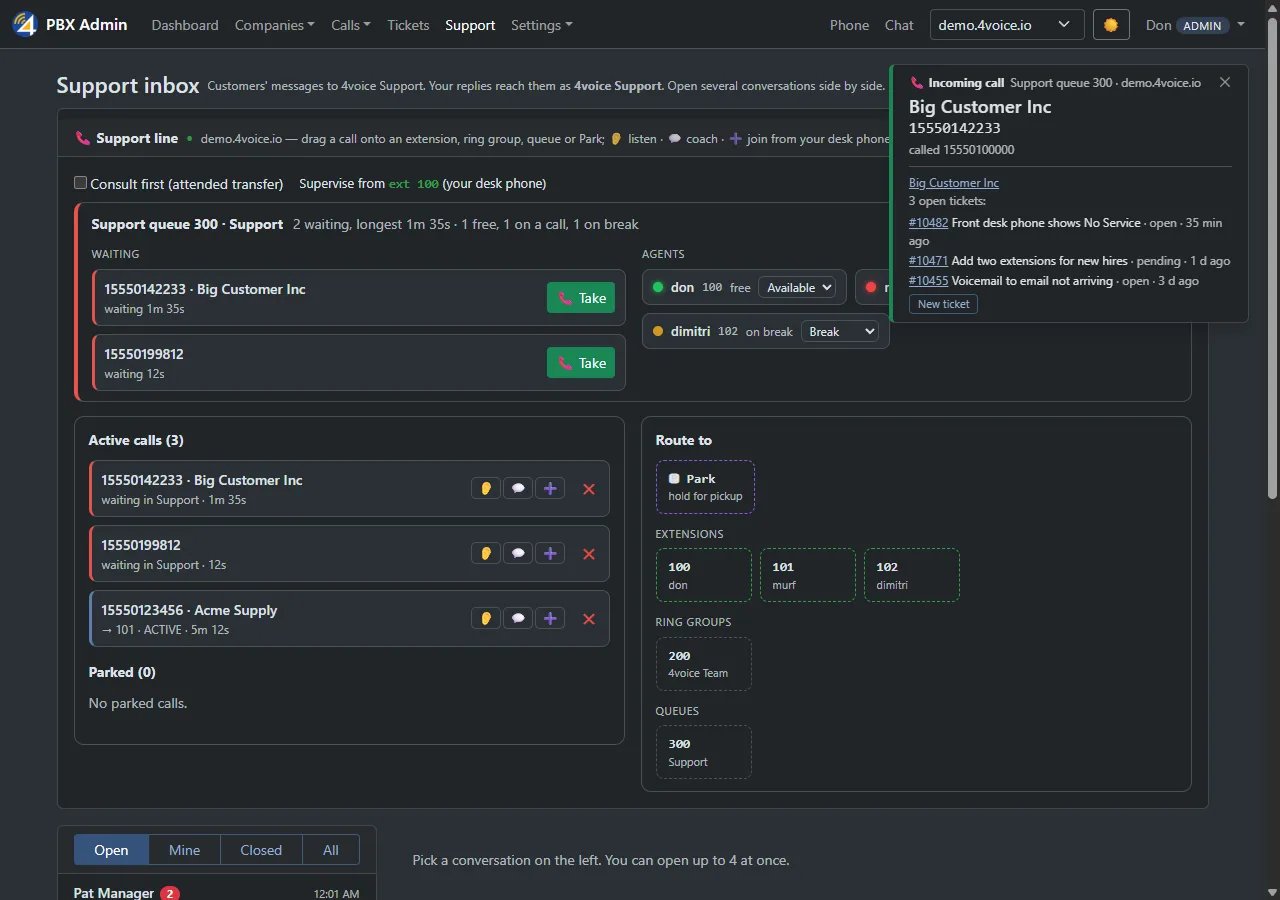 Support console with callers waiting in the queue, agents and their status, and an incoming-call popup