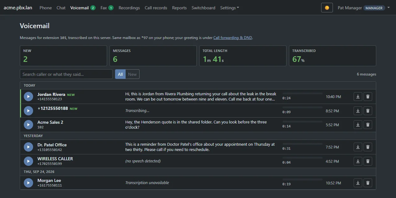 Visual voicemail with a written transcript of each message